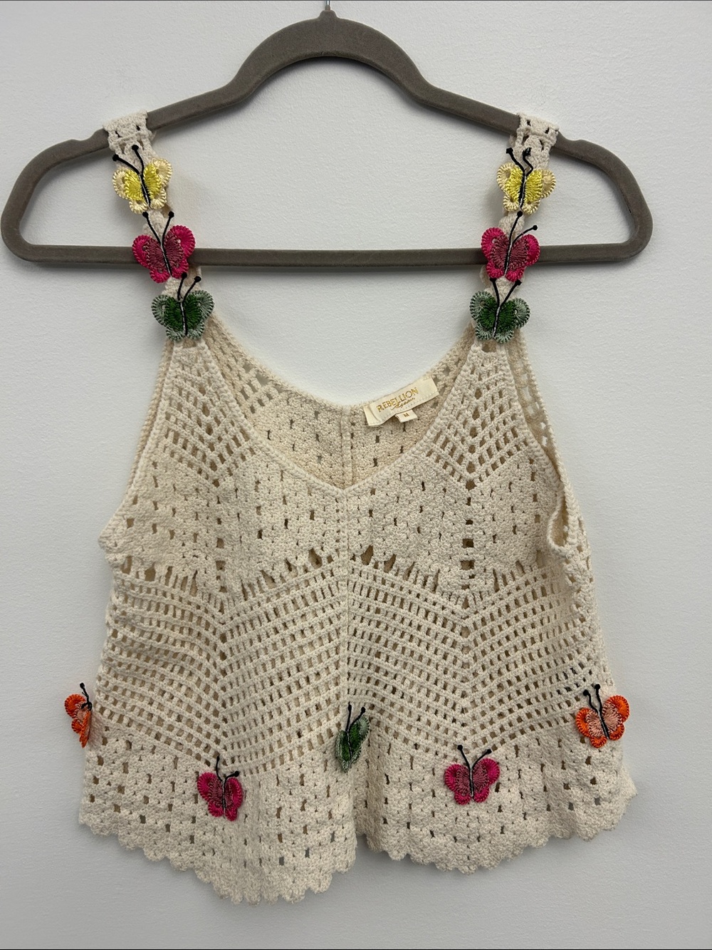 Rebellion Cream Crochet Boho Knit Tank Top with Appliqué Butterflies Size Med - Picture 2 of 8